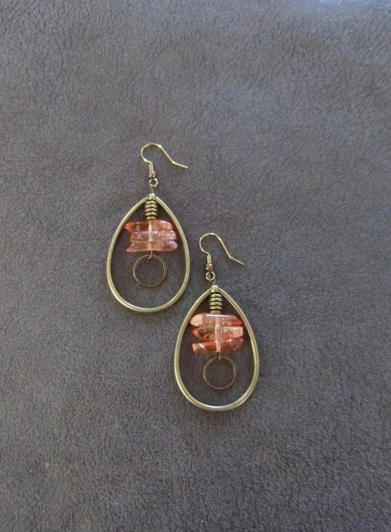 Raw quartz orange crystal earrings, rustic boho bronze unique earrings, geode natural bohemian hoop