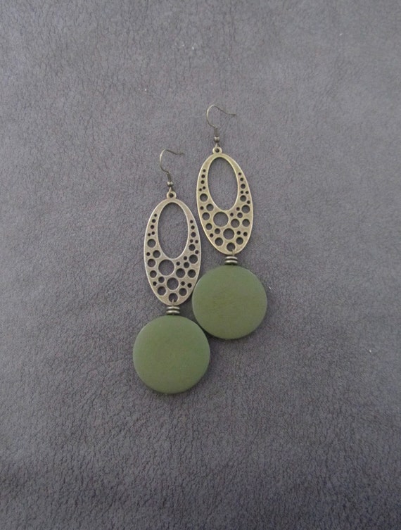 Large khaki earrings, Geometric earrings, mid century modern earrings, bold statement earrings, chunky earrings, antique bronze earrings
