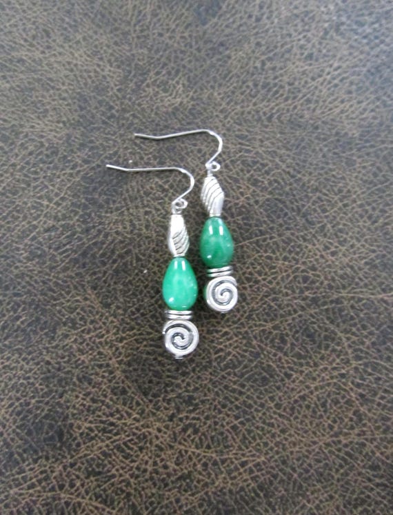 Green jadeite boho chic earrings, silver