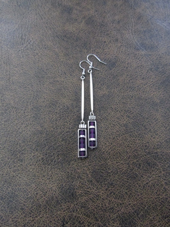 Long sea glass earrings, bohemian earrings, beach earrings, bold earrings, boho earrings, purple earrings, geometric earrings, artisan