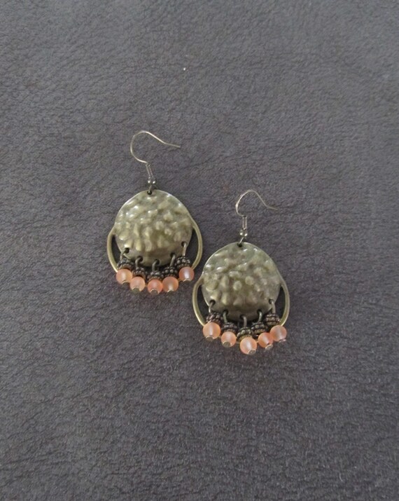 Orange frosted glass and hammered bronze chandelier earrings