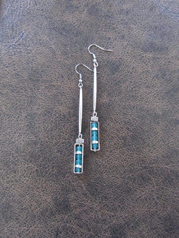 Long teal frosted glass and silver earrings