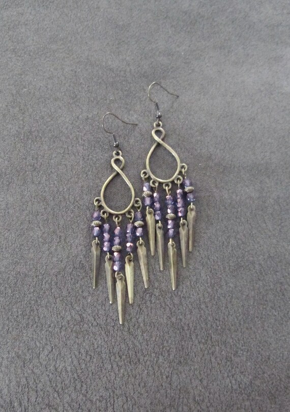 Crystal chandelier earrings, purple and bronze earrings