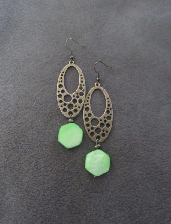 Mid century modern earrings, statement bohemian earrings, bold earrings, green mother of pearl shell earrings, boho bronze earrings