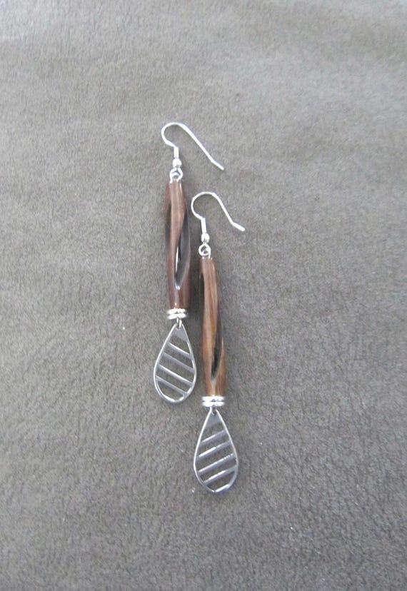 Brown carved horn dangle earrings