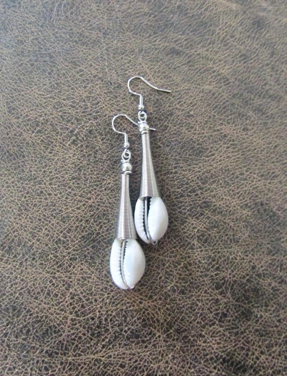 Cowrie shell earrings, silver African Afrocentric earrings