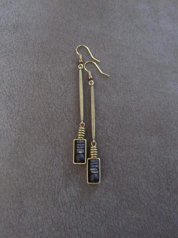 Black and antique brass minimalist earrings, simple mid century modern earrings