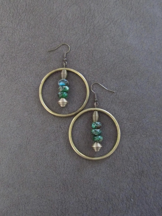 Antique brass and green imperial jasper hoop earrings