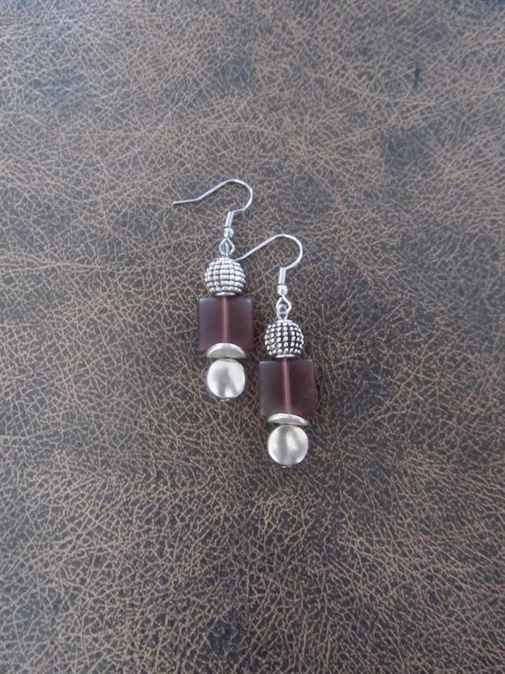 Silver and purple frosted glass earrings 2