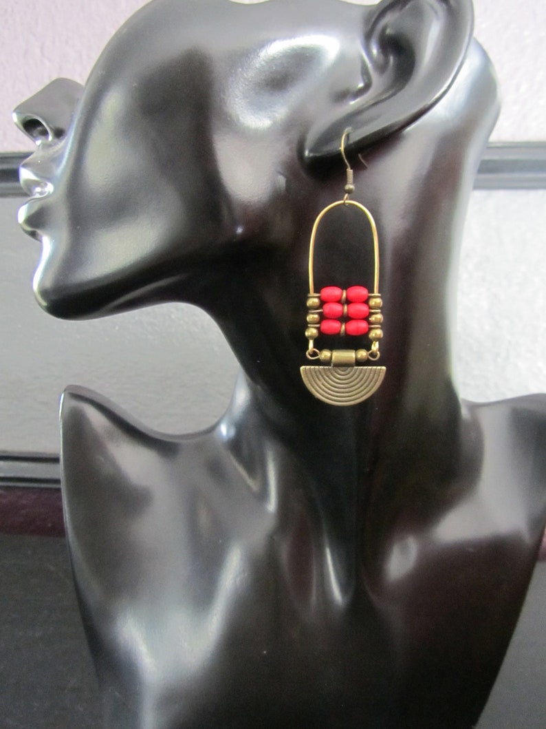 Chandelier earrings, red magnesite stone and bronze, ethnic statement earrings, bold earrings, bohemian boho chic earrings image 3