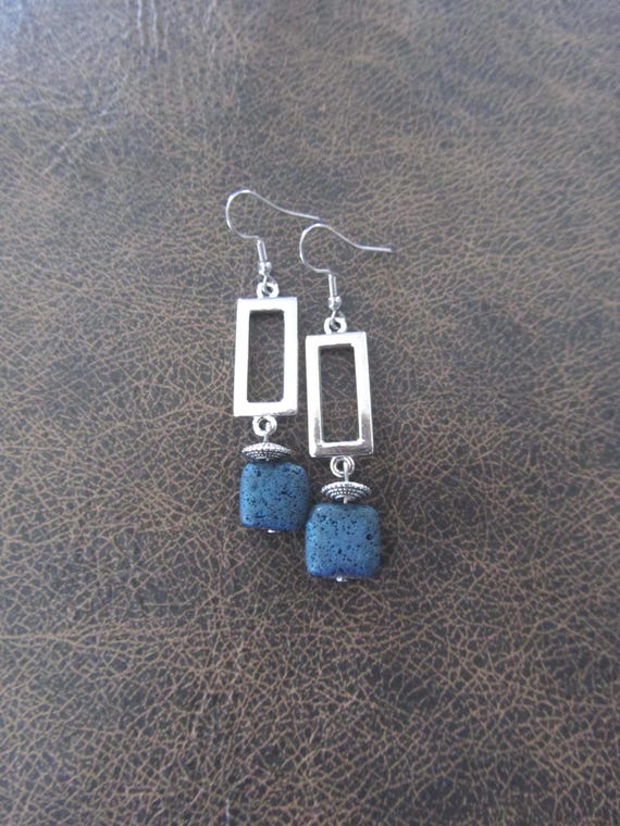 Blue lava rock and silver dangle earrings