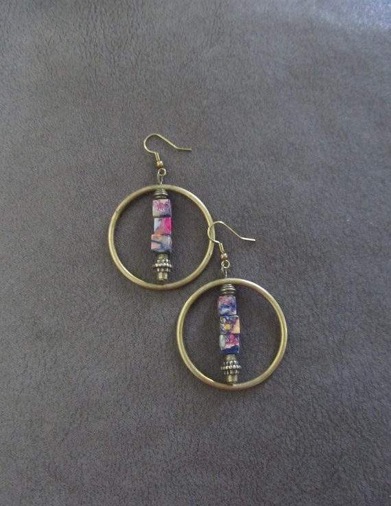 Antique brass and multicolor imperial jasper hoop earrings