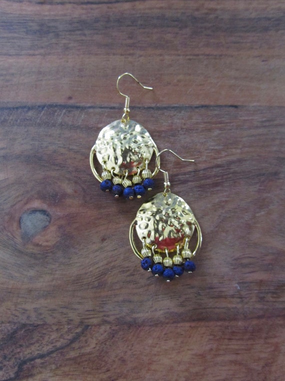 Chandelier earrings, hammered gold and purple lava rock