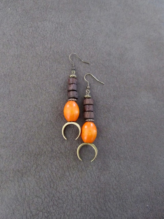 Modern orange and brown wooden earrings