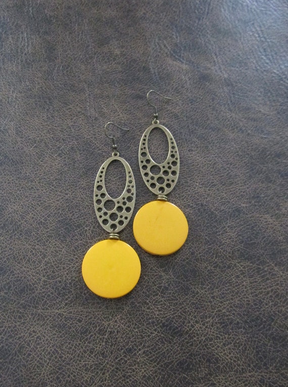 Large yellow earrings, Geometric earrings, mid century modern earrings, bold statement earrings, chunky earrings, antique bronze earrings