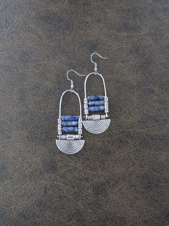 Sodalite and silver ethnic tribal chandelier earrings