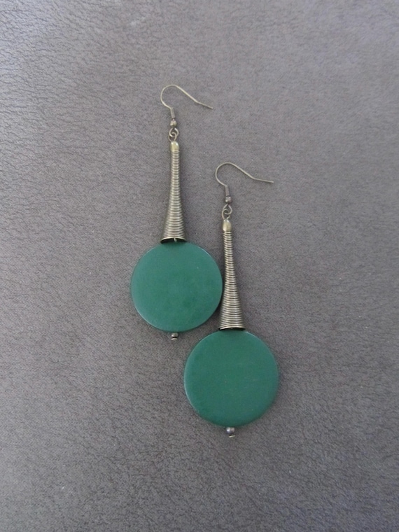 Green and bronze geometric earrings