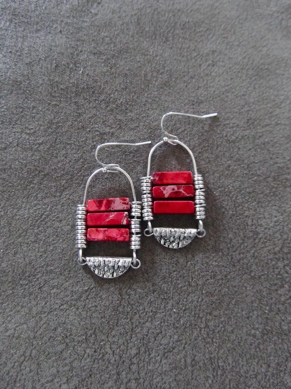 Red Imperial Jasper Chandelier Earrings: Tribal Boho Style silver small