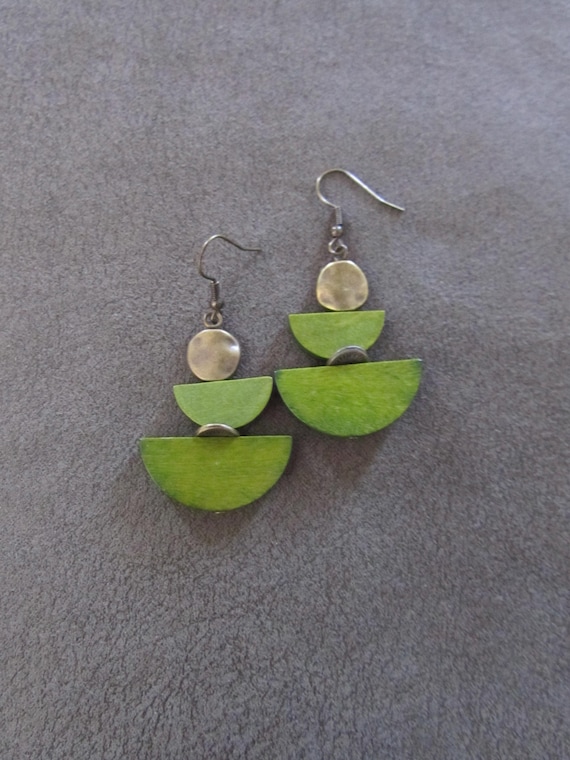 Green wooden and bronze mid century modern earrings
