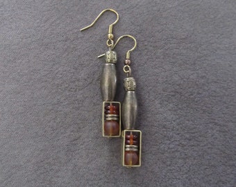 Bronze and orange glass dangle earrings, artisan ethnic earrings, simple chic