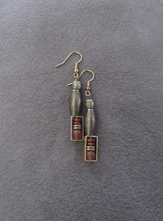 Bronze and orange glass dangle earrings, artisan ethnic earrings, simple chic
