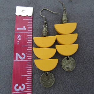 Long Yellow wood earrings, brass Afrocentric earrings, mid century modern earrings, African earrings, bold statement, unique geometric image 2