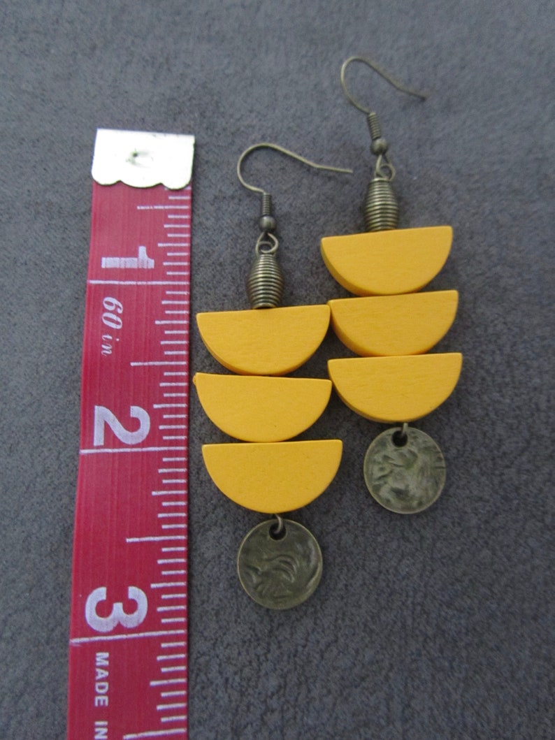Long Yellow wood earrings, brass Afrocentric earrings, mid century modern earrings, African earrings, bold statement, unique geometric image 2