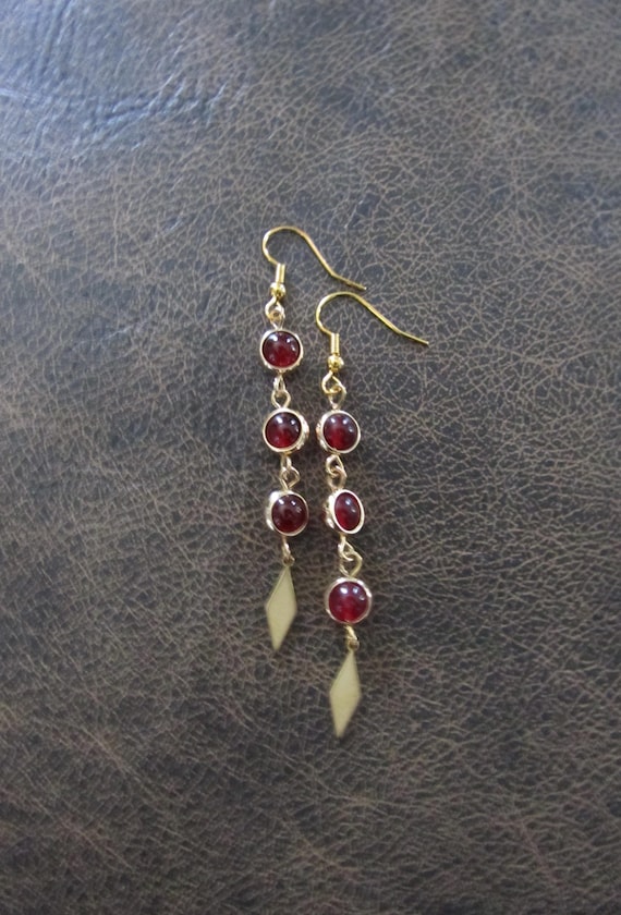 Brass and red agate dangle earrings