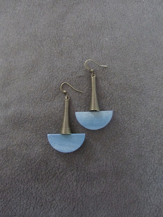 Wood and bronze tribal dangle earrings, blue Afrocentric African earrings, geometric earrings, mid century modern earrings