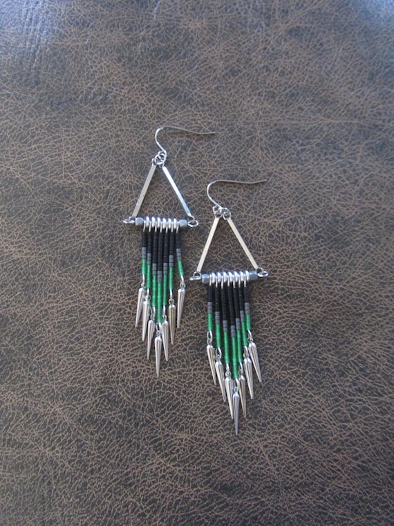 Green seed bead and silver earrings