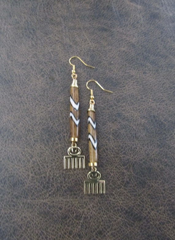 Afro pick earrings, adinkra symbol earrings, beauty earrings, batik print bone/horn earrings