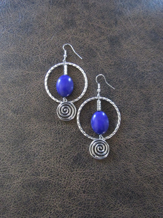 Hammered hoop earrings, Bohemian boho earrings, purple stone, unique artisan earrings, mid century