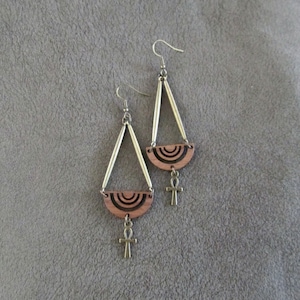 Bronze ankh and wooden mid century modern earrings