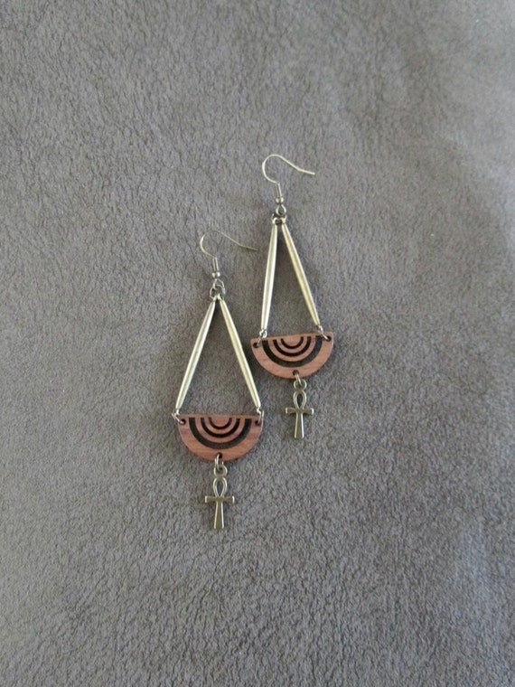 Bronze ankh and wooden mid century modern earrings