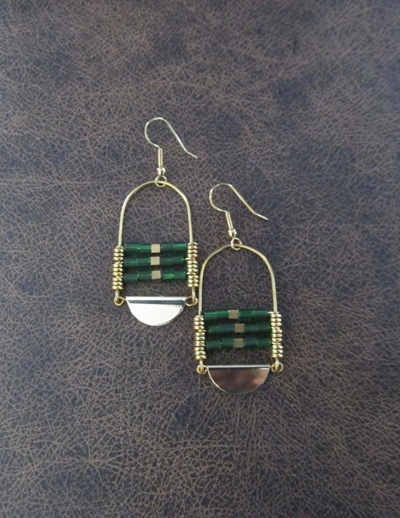 Green and gold ethnic earrings