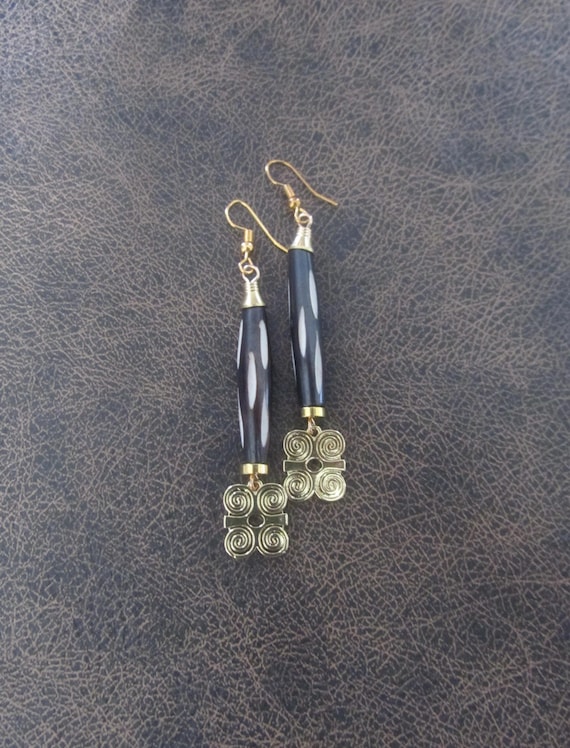 Gold adinkra symbol Afrocentric African earrings, bone primitive exotic earrings, strength dwennimmen