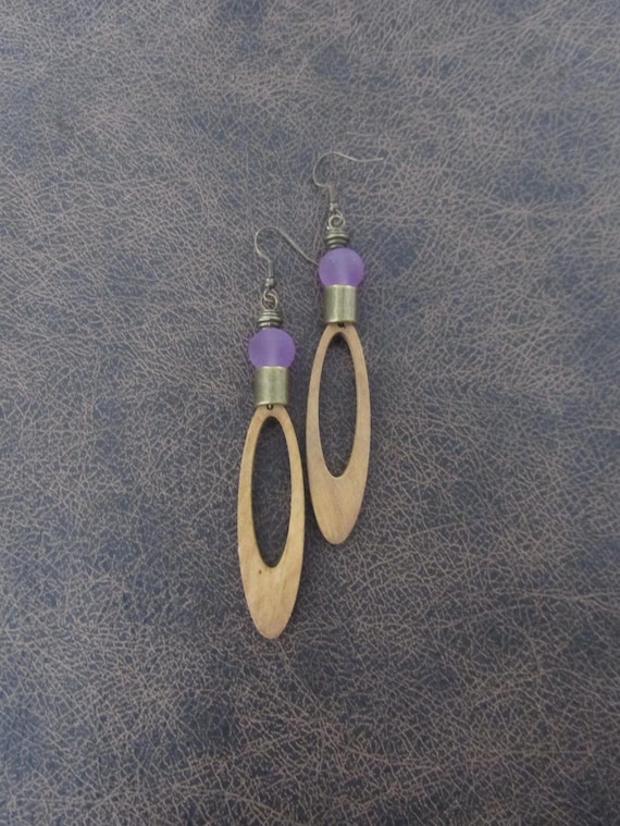 Long wood earrings, bold statement earrings, Afrocentric African earrings, geometric earrings, rustic natural earrings, bohemian, purple