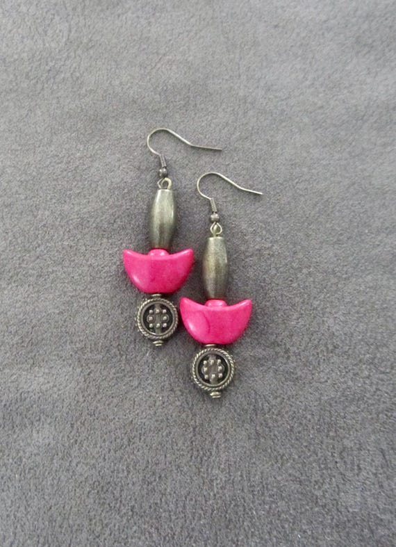 Unique pink howlite and bronze earrings