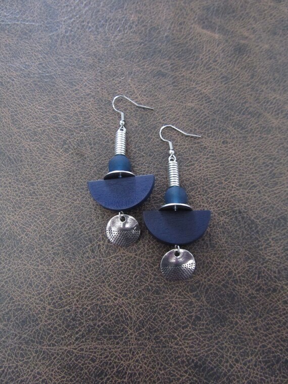 Blue wooden abstract earrings