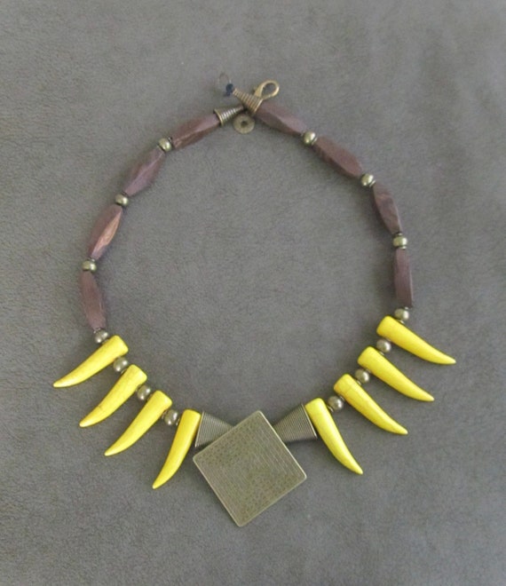 Statement necklace, yellow howlite necklace, chunky necklace, rustic necklace, ethnic necklace, primitive tribal necklace, bold necklace