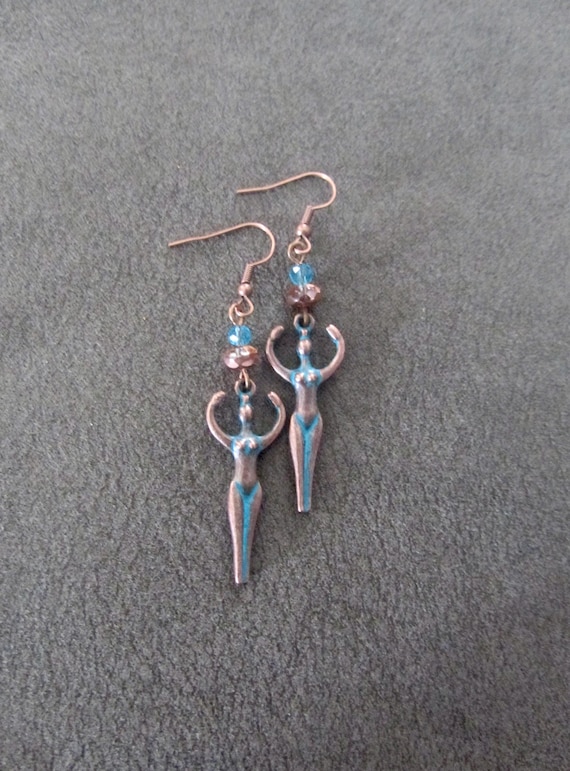 Unique goddess earrings, copper patina