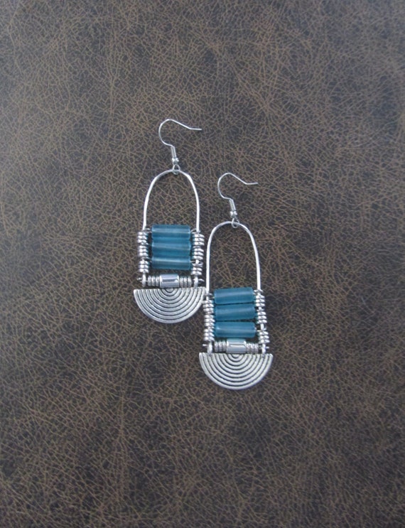 Baby blue frosted glass chandelier earrings, statement earrings, bold earrings, etched metal earrings, tribal ethnic earrings, chic