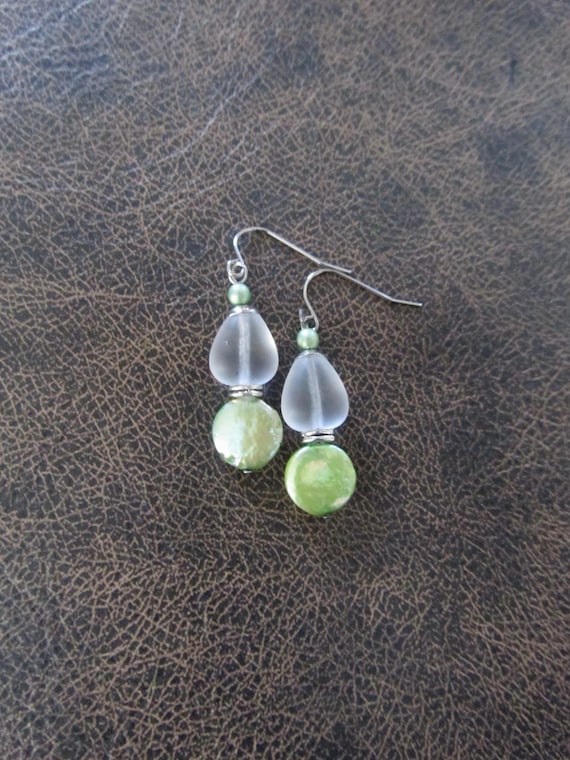 Clear frosted glass and green mother of pearl earrings