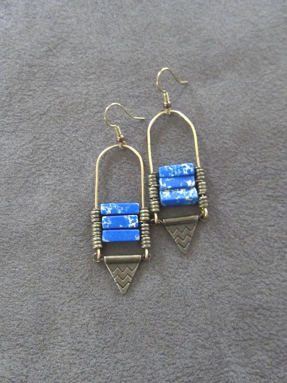 Sediment jasper and bronze ethnic earrings, royal blue