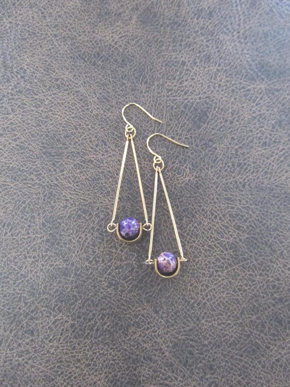 Pendulum purple jasper earrings, gold