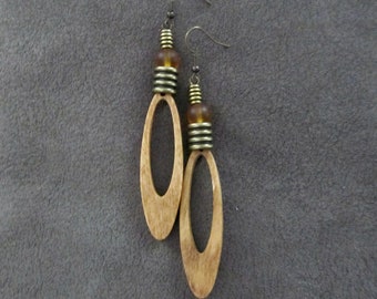 Long wood earrings, bold statement earrings, Afrocentric jewelry, African earrings, geometric earrings, rustic natural earrings, bohemian