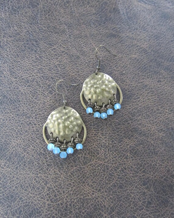 Baby blue frosted glass and hammered bronze chandelier earrings