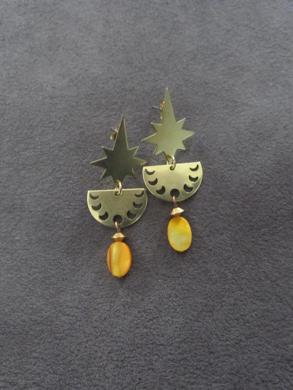 Brutalist brass and mother of pearl shell earrings