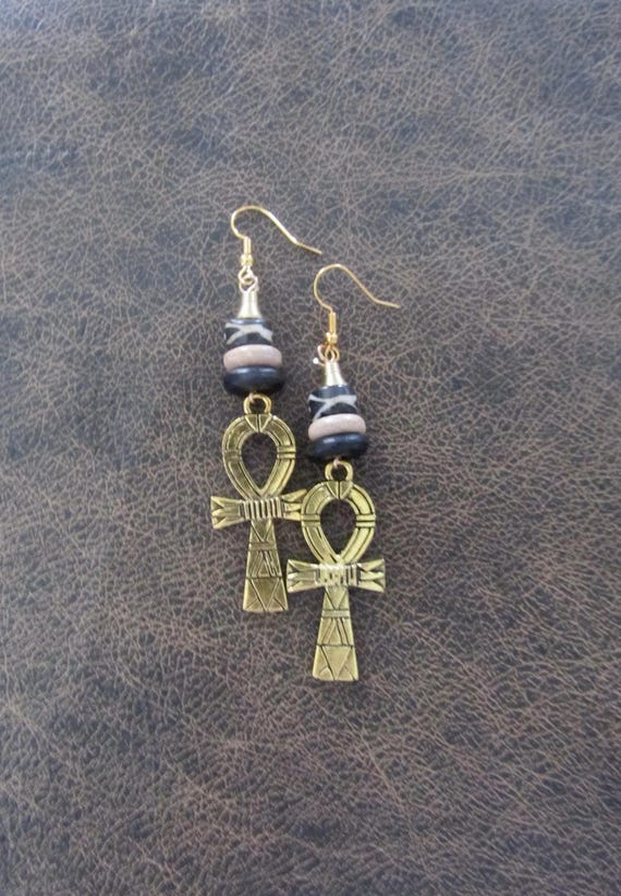 Ankh Egyptian African earrings, fertility symbol, gold
