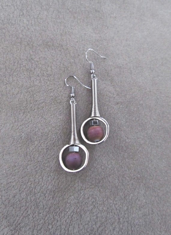 Mid Century Modern Earrings: Electroplated Purple Druzy, Gunmetal Geometric